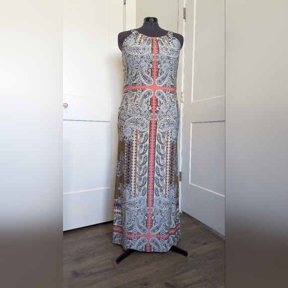 Cato Womens Maxi Dress XL Paisley Scarf Print Halter Neckline Pink Yellow Olive - Picture 2 of 8